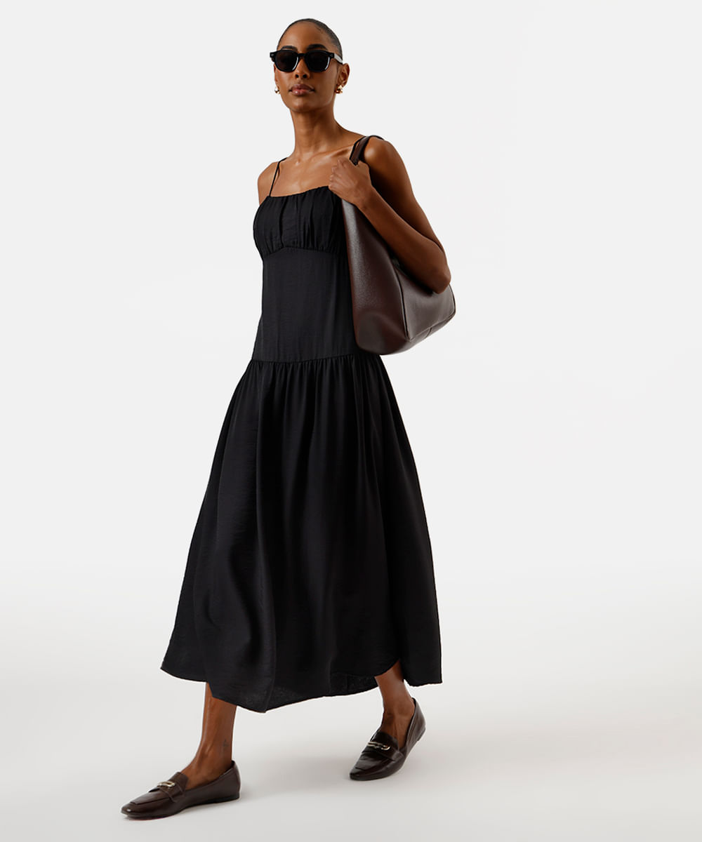 vestido midi feminino alça fina com recorte franzido  preto