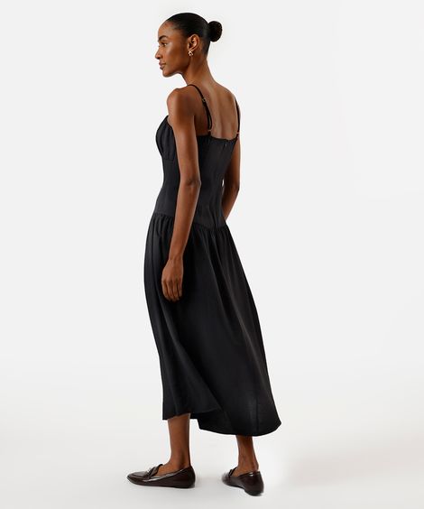 vestido midi feminino alça fina com recorte franzido  preto