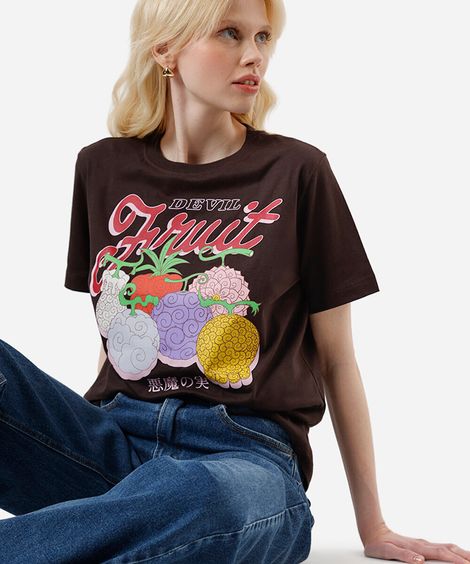 camiseta feminina de algodão estampa frutas marrom