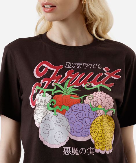 camiseta feminina de algodão estampa frutas marrom