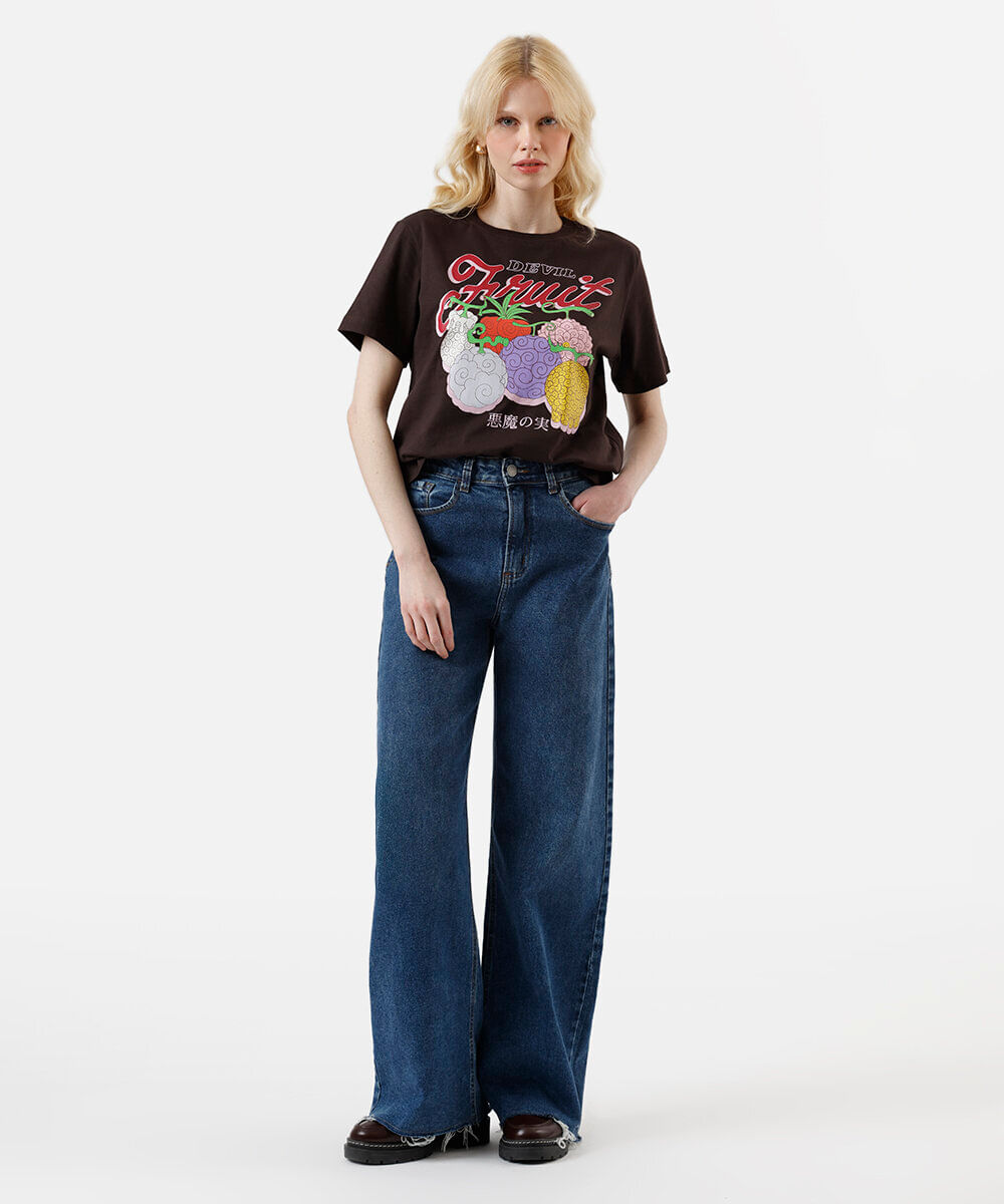 camiseta feminina de algodão estampa frutas marrom