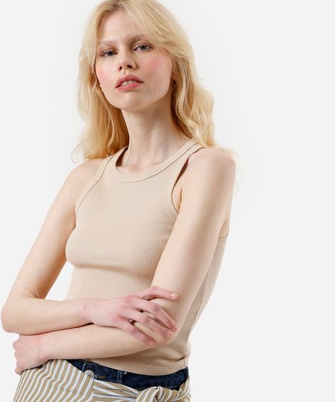 regata feminina de algodão canelada alça média bege