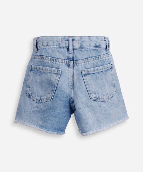 short mom infantil jeans com bordado floral e barra desfiada azul