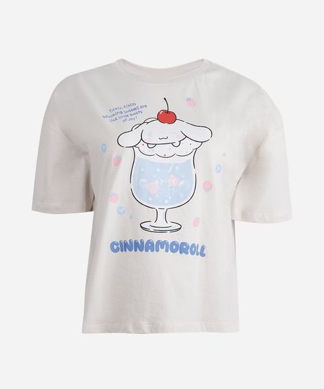 camiseta boxy juvenil de algodão cropped cinnamoroll  bege