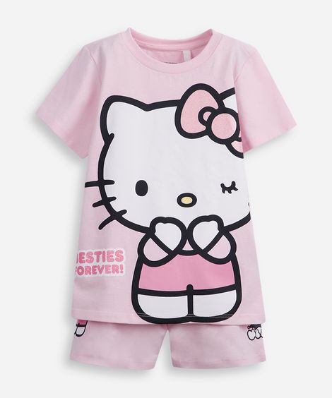 pijama curto infantil de algodão hello kitty rosa