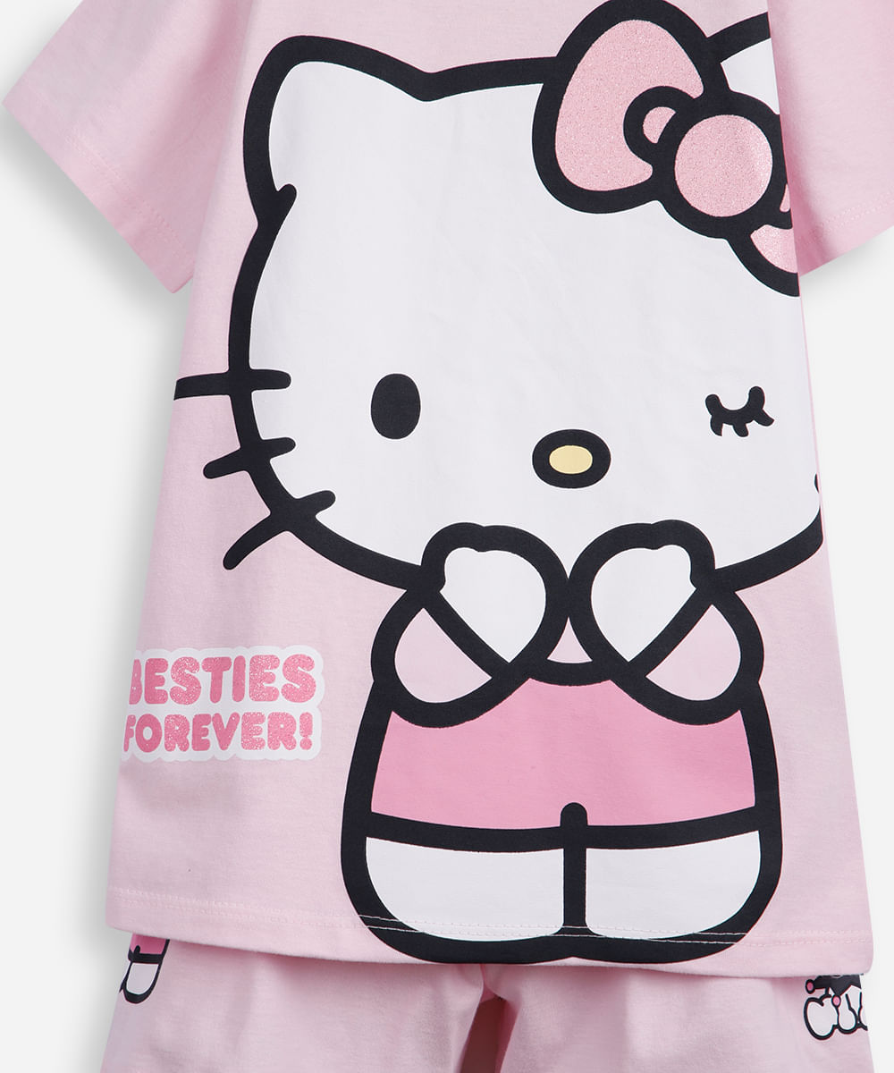 pijama curto infantil de algodão hello kitty rosa