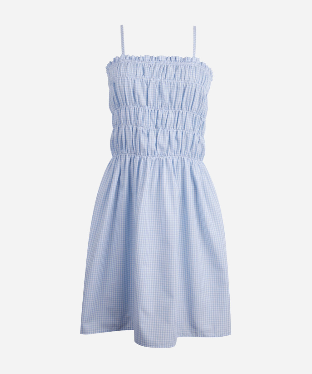 vestido curto juvenil de algodão alça fina franzido xadrez azul