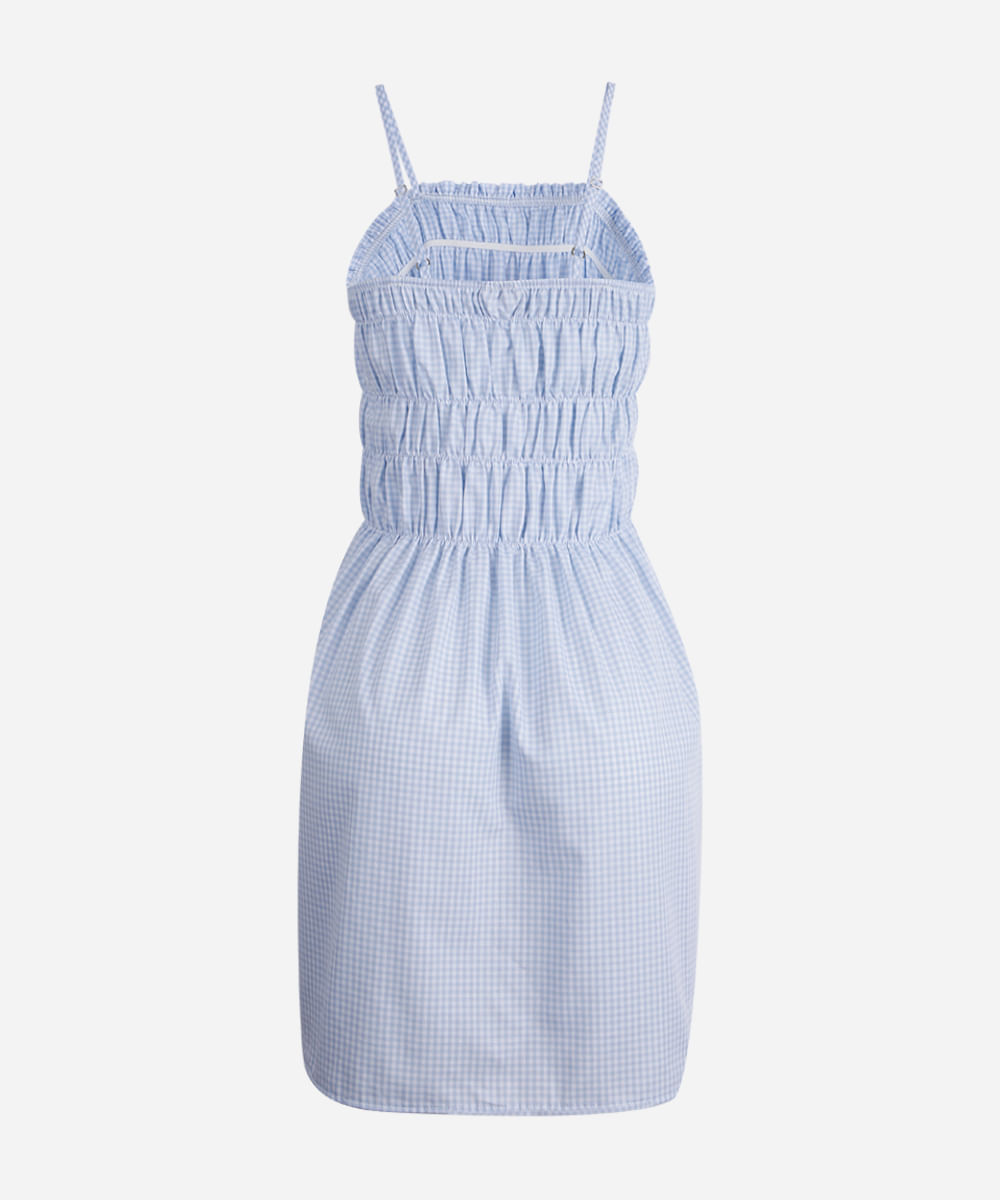 vestido curto juvenil de algodão alça fina franzido xadrez azul