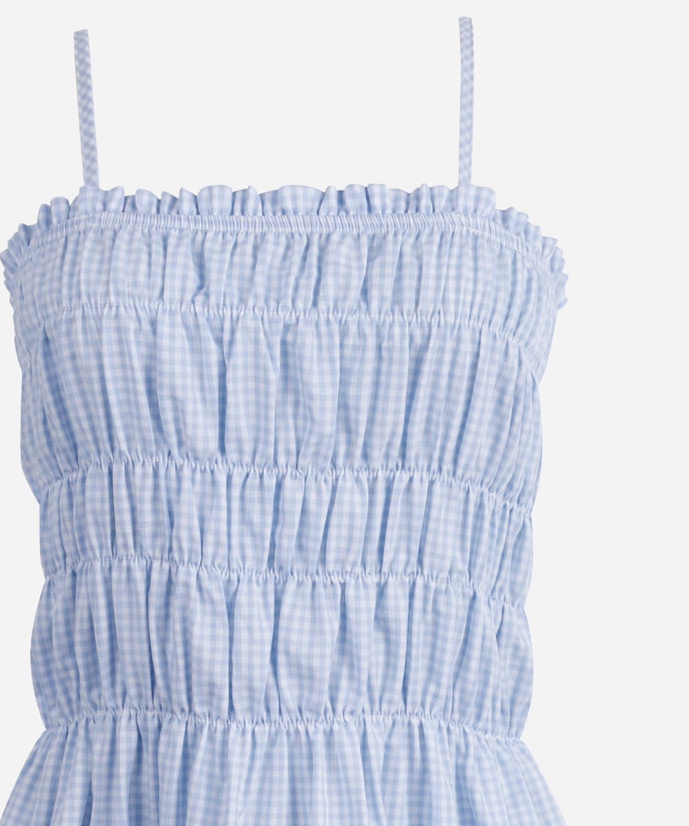 vestido curto juvenil de algodão alça fina franzido xadrez azul