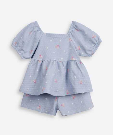 conjunto curto infantil de algodão floral texturizado azul