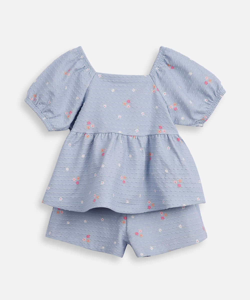conjunto curto infantil de algodão floral texturizado azul