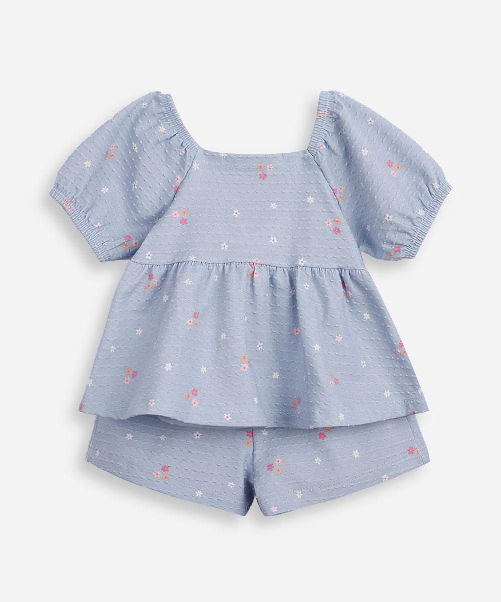 conjunto curto infantil de algodão floral texturizado azul