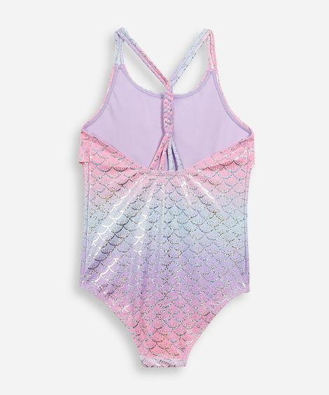 maiô infantil com babado metalizado lilás