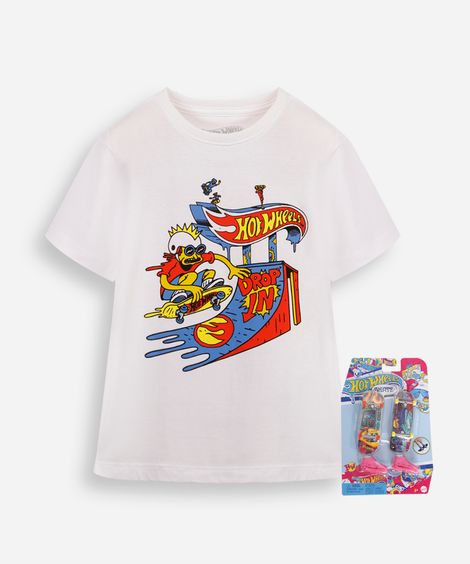 camiseta infantil de algodão hot wheels com brinde off white