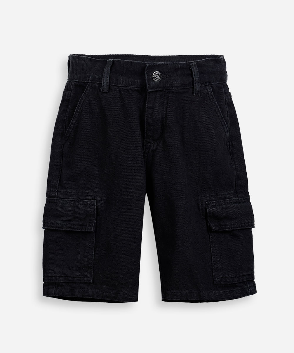 bermuda cargo alongada infantil jeans preta