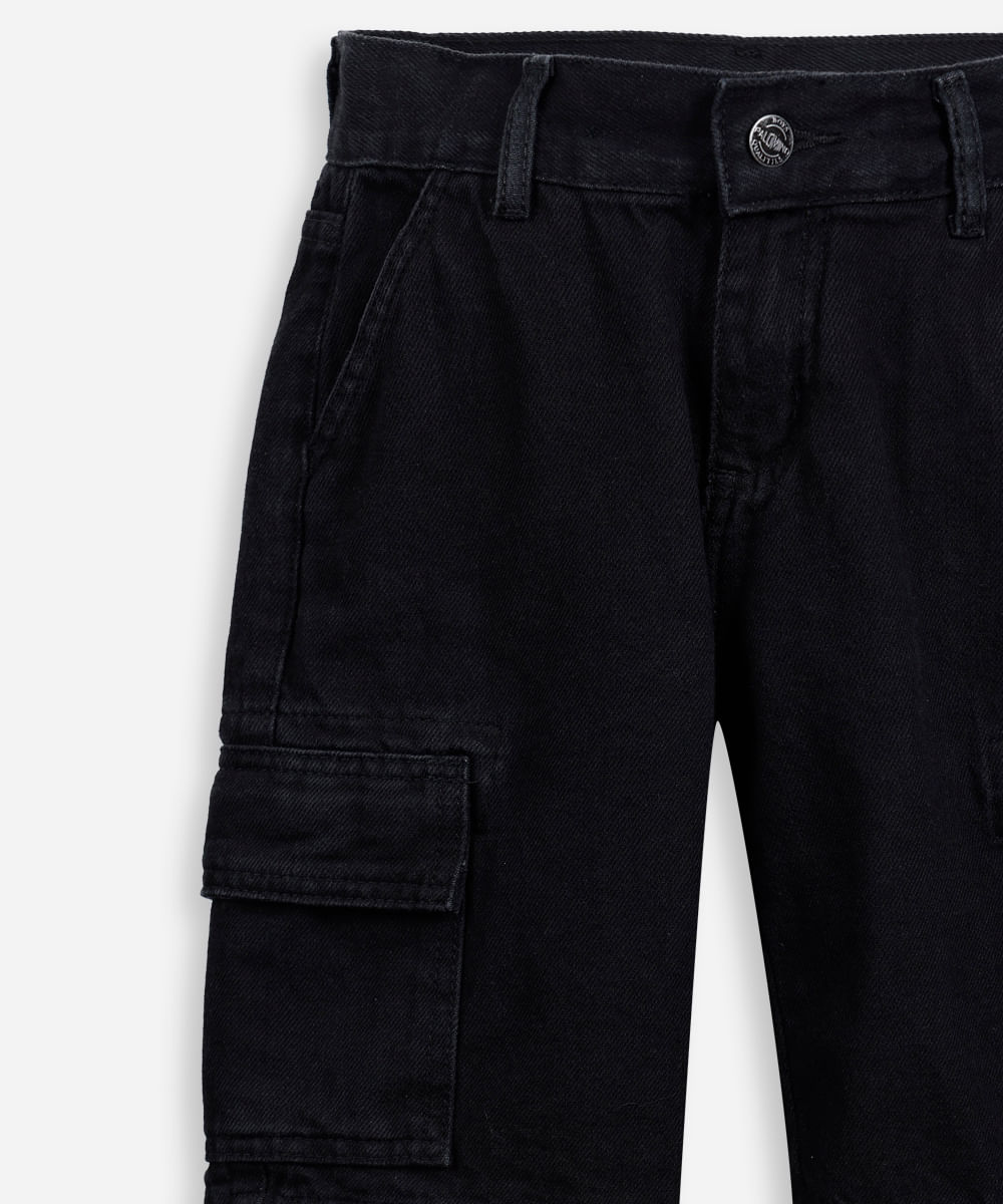 bermuda cargo alongada infantil jeans preta