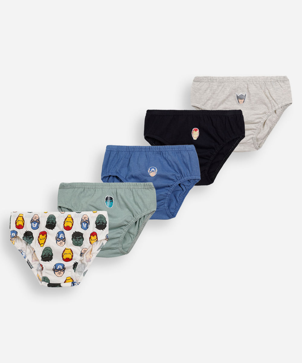 kit de 5 cuecas slip infantis de algodão os vingadores colorido