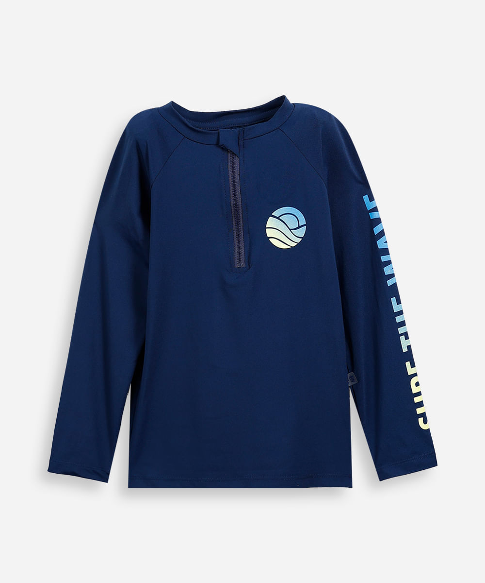 camiseta de praia infantil manga raglan estampada com proteção uv azul