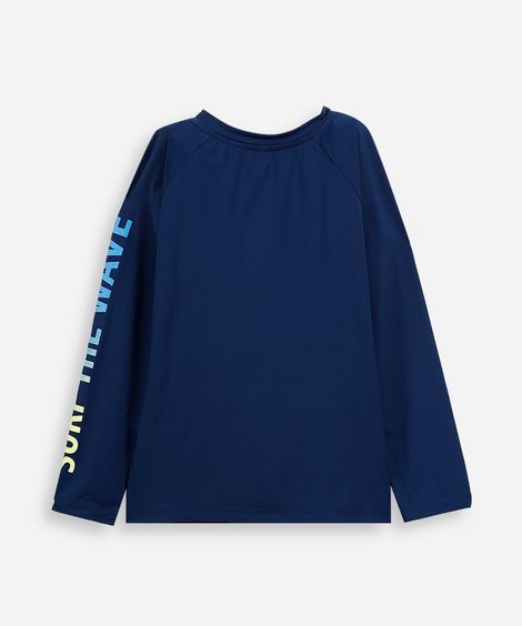 camiseta de praia infantil manga raglan estampada com proteção uv azul
