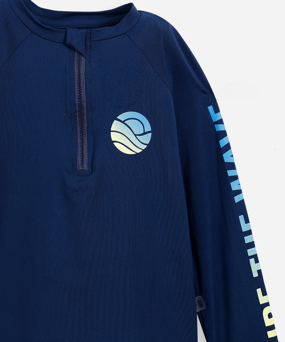 camiseta de praia infantil manga raglan estampada com proteção uv azul