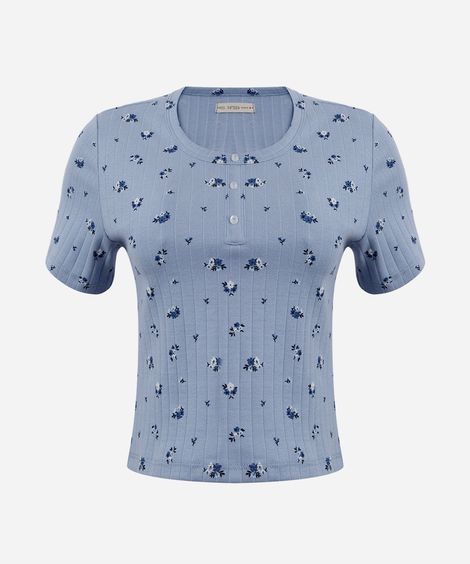 blusa juvenil de algodão floral canelada azul