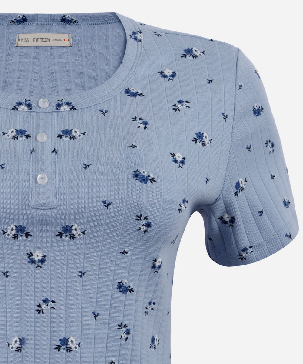 blusa juvenil de algodão floral canelada azul