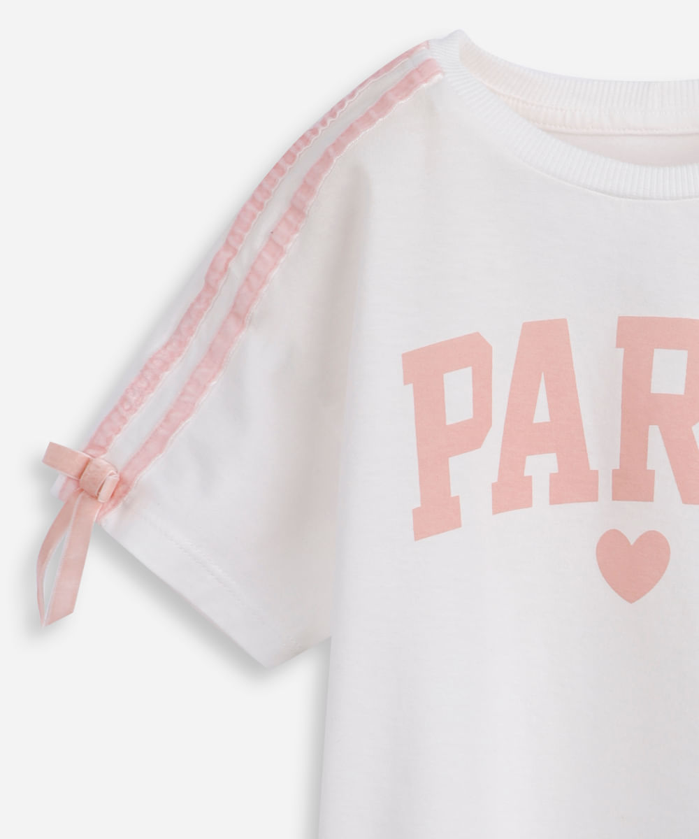 camiseta infantil de algodão paris com laços off white