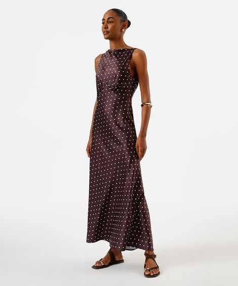 vestido longo feminino com franzido poá acetinado - marrom