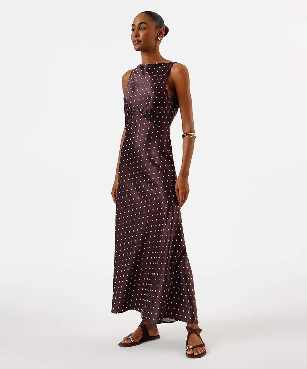 vestido longo feminino com franzido poá acetinado - marrom