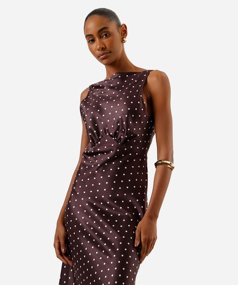 vestido longo feminino com franzido poá acetinado - marrom