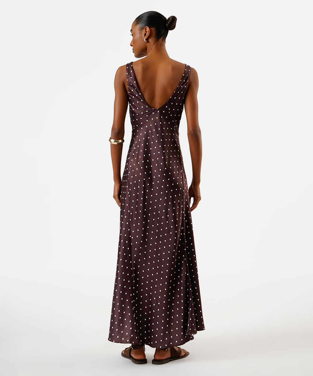 vestido longo feminino com franzido poá acetinado - marrom