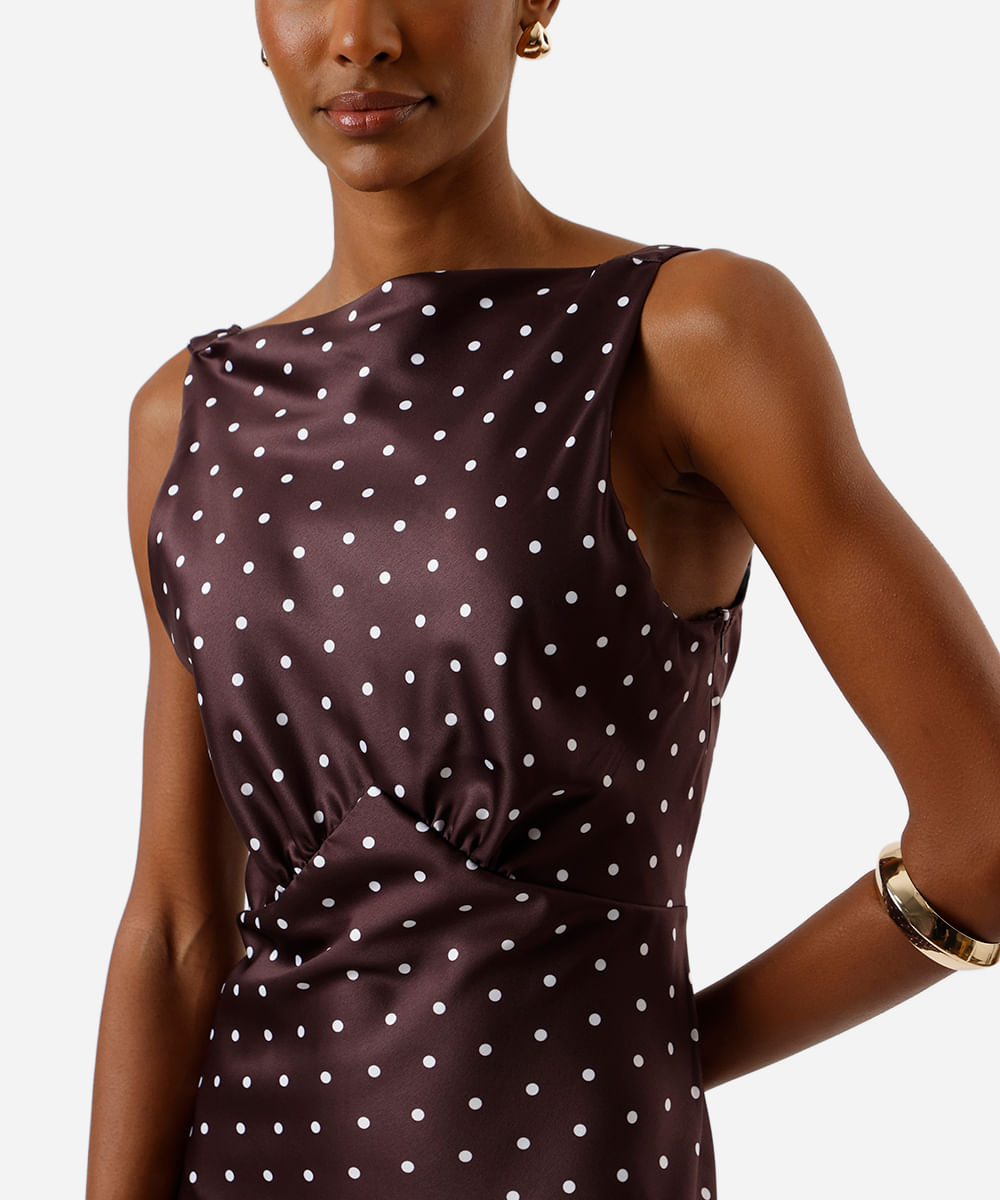 vestido longo feminino com franzido poá acetinado - marrom