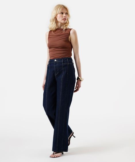calça wide leg feminina jeans com recortes sawary azul