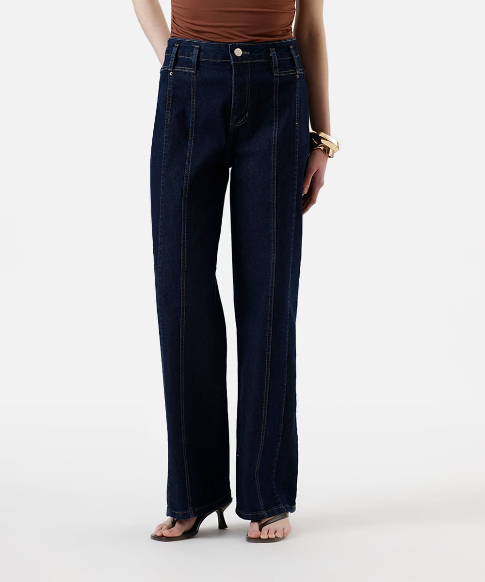 calça wide leg feminina jeans com recortes sawary azul