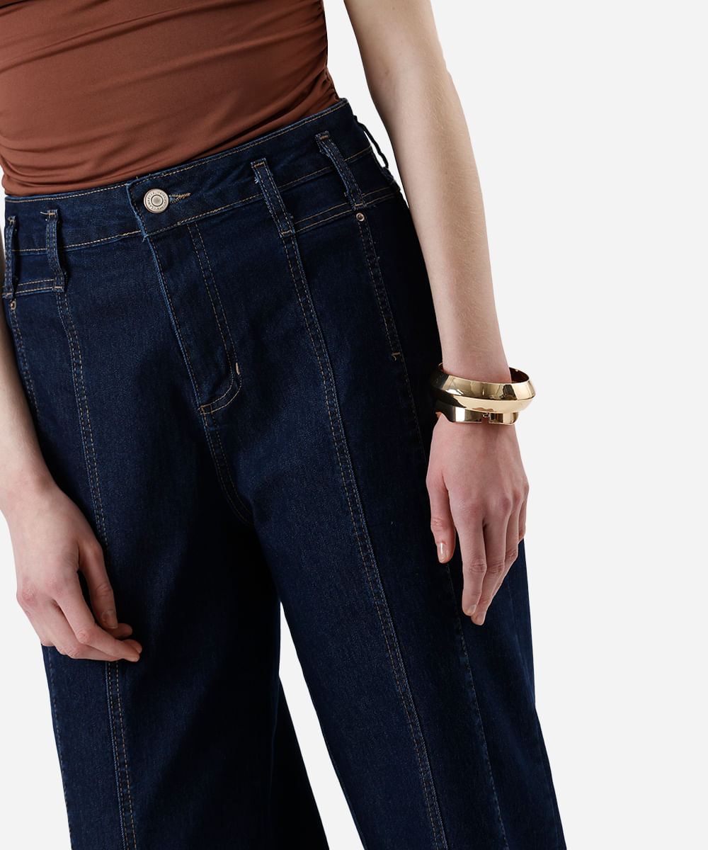 calça wide leg feminina jeans com recortes sawary azul