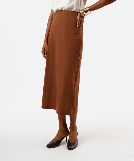 saia midi feminina de poliamida com fenda marrom