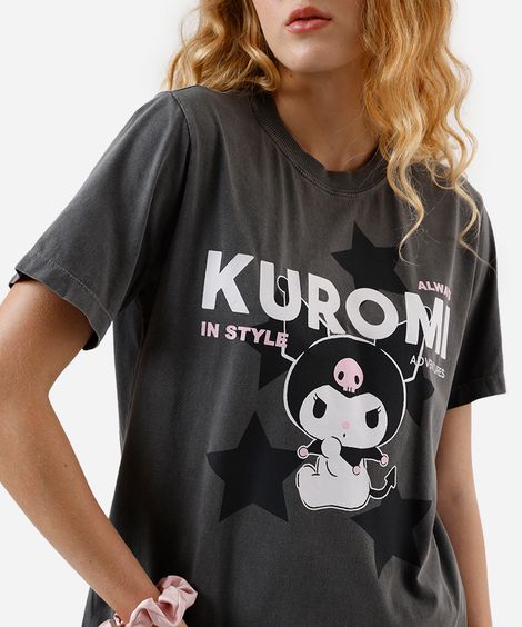 camiseta feminina de algodão kuromi hello kitty estonada cinza