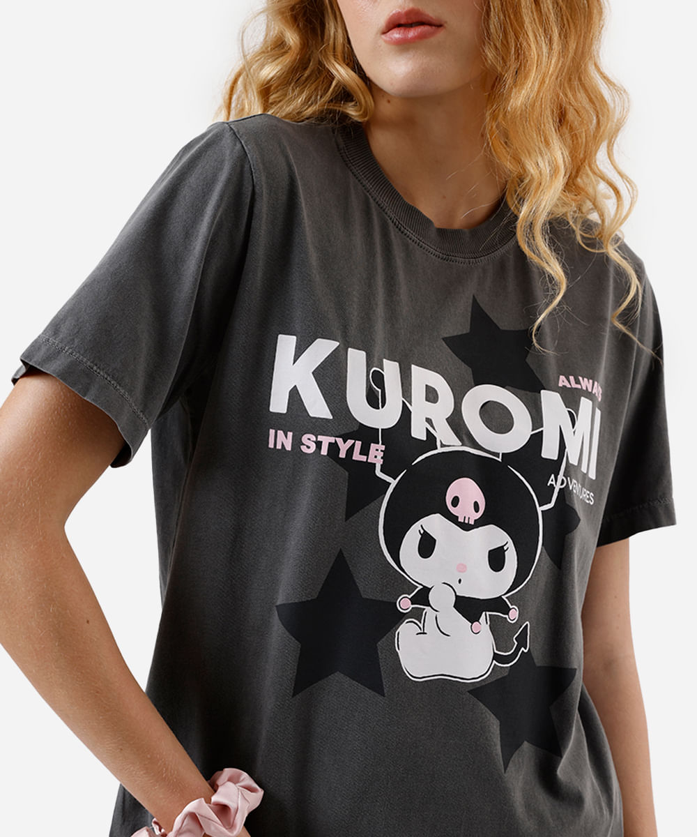 camiseta feminina de algodão kuromi hello kitty estonada cinza