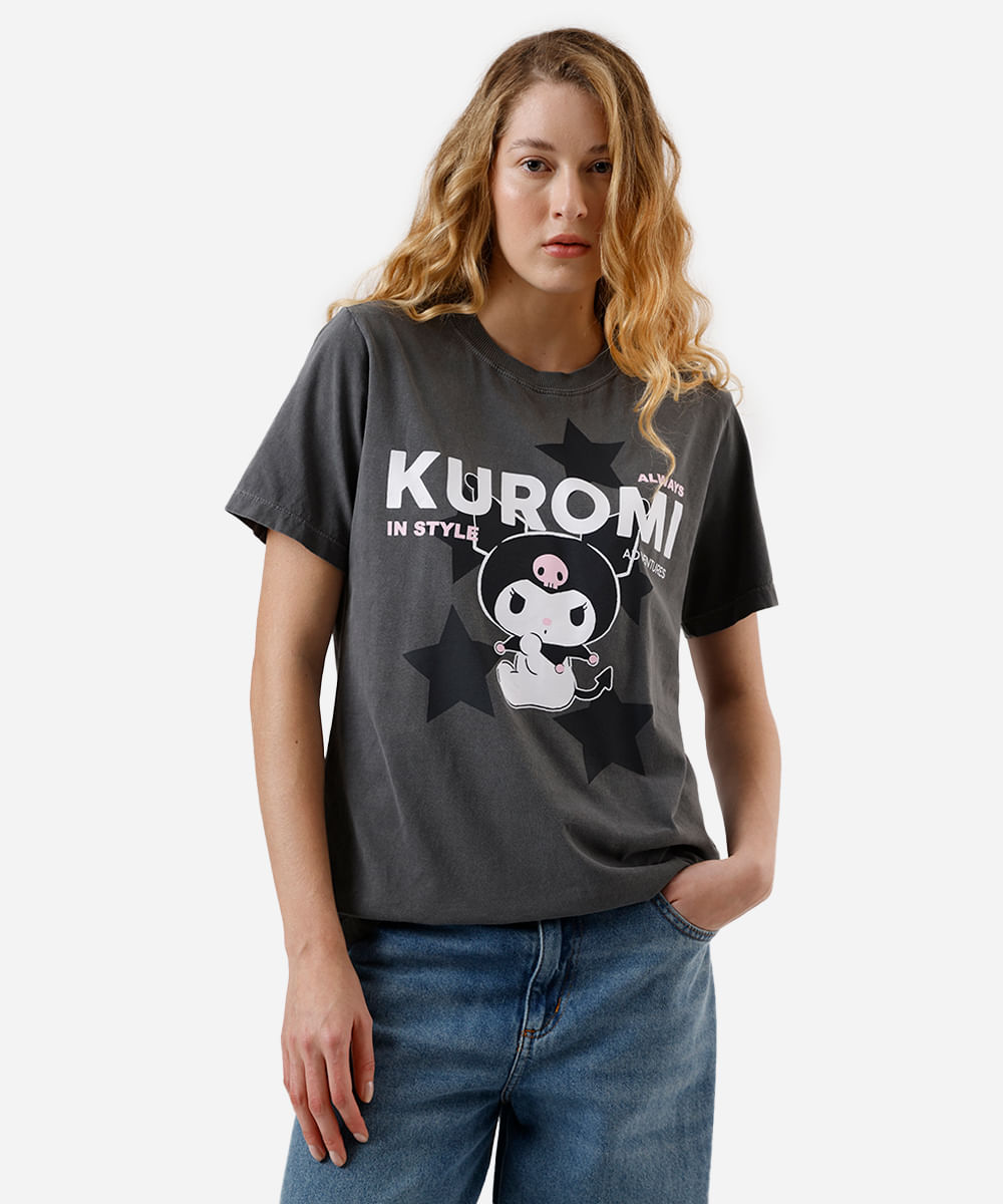 camiseta feminina de algodão kuromi hello kitty estonada cinza