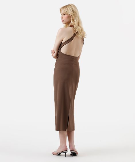 vestido feminino midi cava reta com franzidos marrom