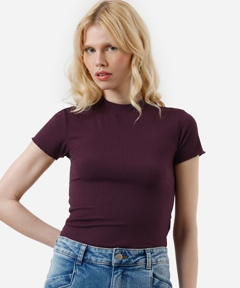blusa feminina de malha canelada manga curta fru fru roxa