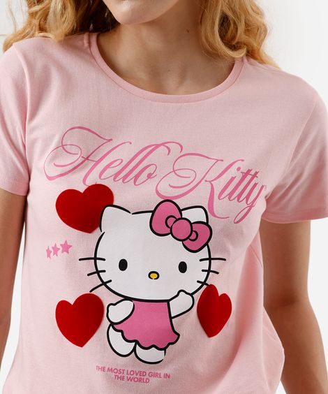 camiseta feminina de algodão hello kitty texturizada rosa