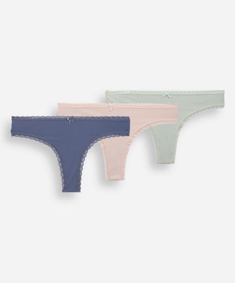 kit de 3 calcinhas fio dental com renda colorido