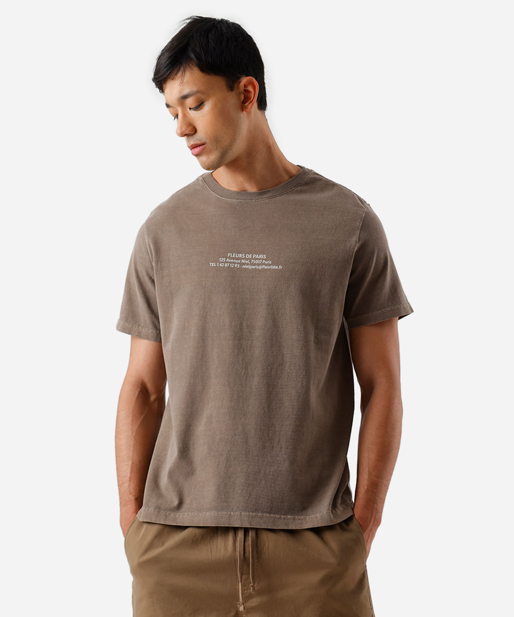 camiseta masculina de algodão estonada estampada marrom