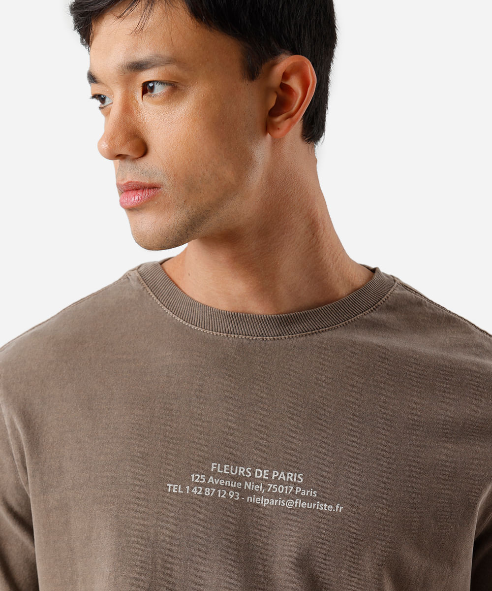 camiseta masculina de algodão estonada estampada marrom
