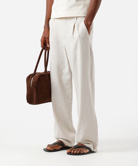 calça baggy masculina com linho e pregas bege