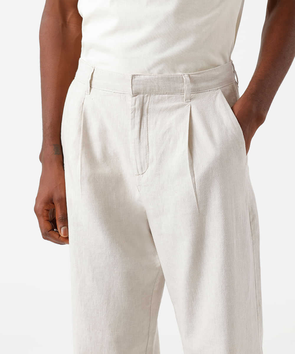 calça baggy masculina com linho e pregas bege