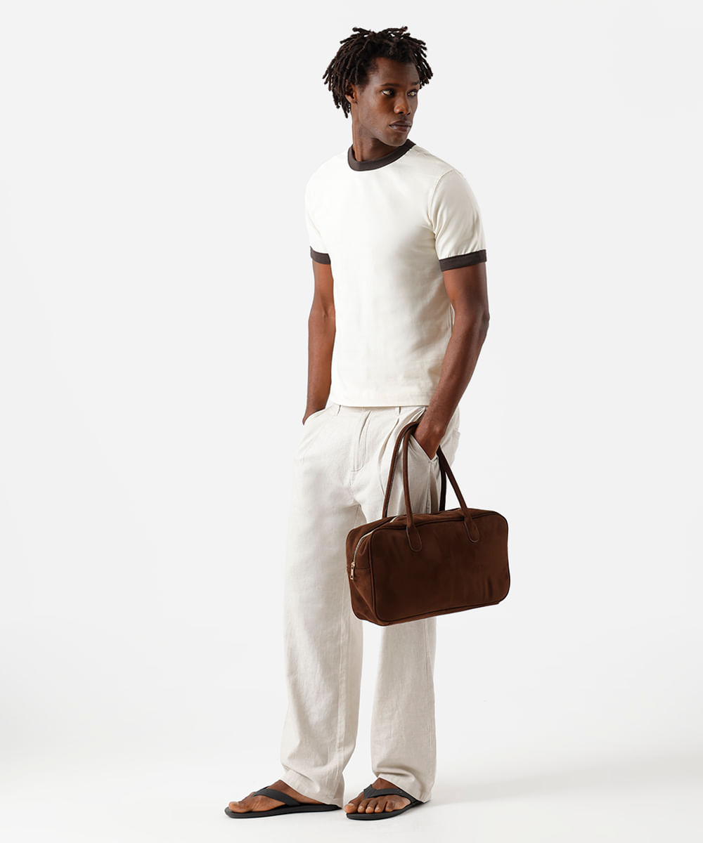 calça baggy masculina com linho e pregas bege