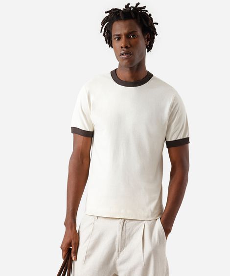camiseta masculina de algodão bicolor bege