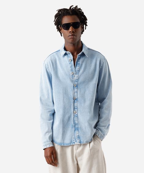 camisa masculina jeans manga longa azul